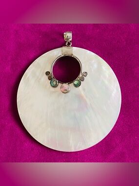 MOTHER OF PEARL 925 SILVER ROUND  PENDANT 3 ABALONE SHELL CHARMS & SILVER SWIRLS